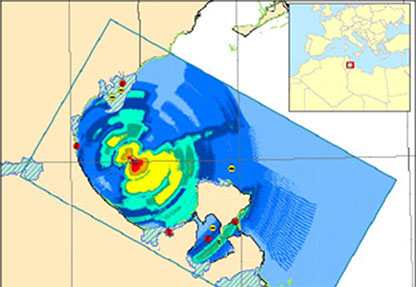 colorful digital image of a computer-generated coastline oil spill